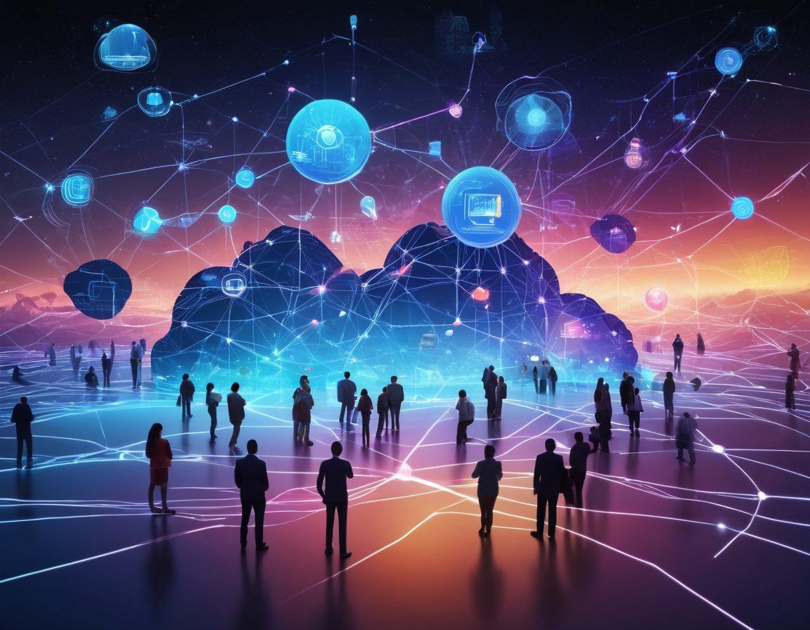 A digital landscape illustrating a diverse group of people interacting and exchanging ideas through modern technology, with vibrant networks connecting them. Include elements representing BSM principles like collaboration, engagement, and innovation, depicted as glowing nodes and lines. The background features abstract representations of the digital world, such as clouds, circuits, and social media icons. super-realistic. vibrant colors. 3D.