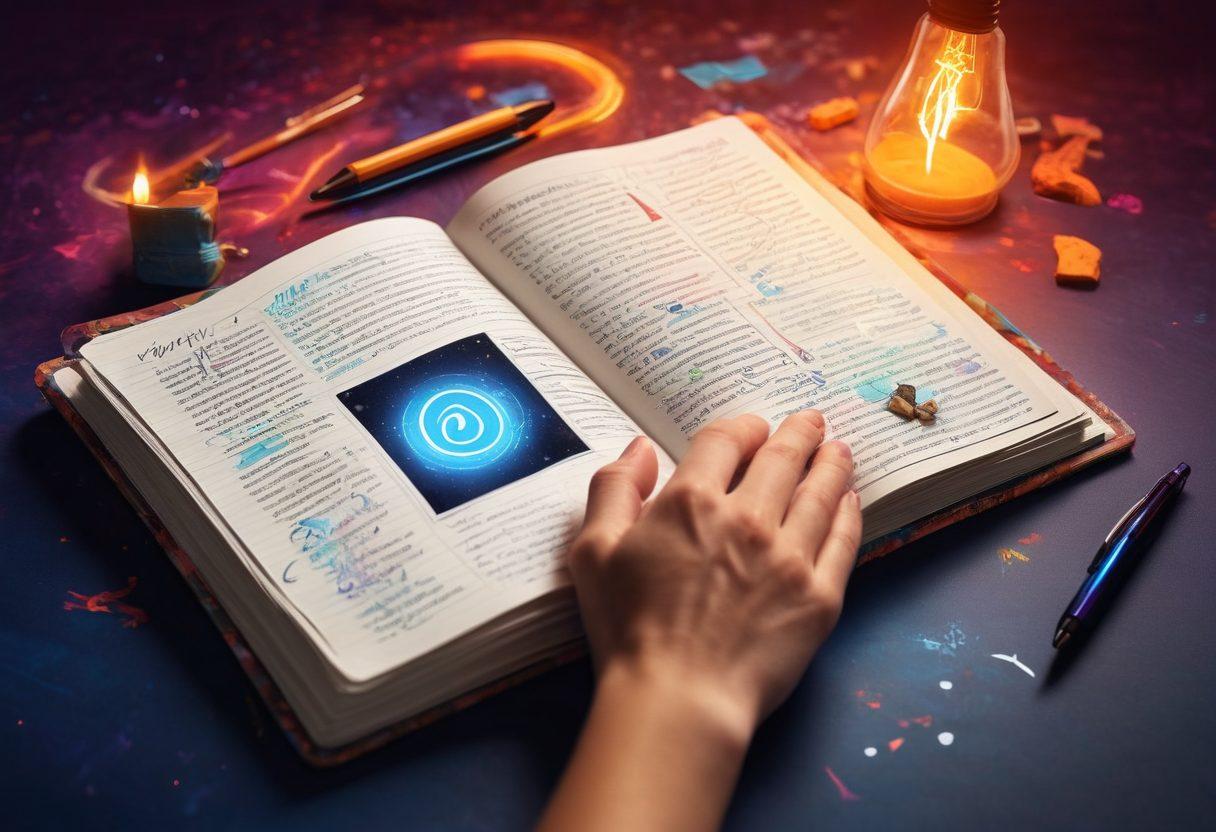 A powerful visual representing the fusion of blogging and social media, showcasing a vibrant journal transforming into a magnetic digital presence. Include elements like a glowing hand writing in a journal, connected to social media icons radiating energy. The background features a blend of warm and cool colors, symbolizing creativity and connection. Add abstract patterns representing BSDM principles. vibrant colors. super-realistic.